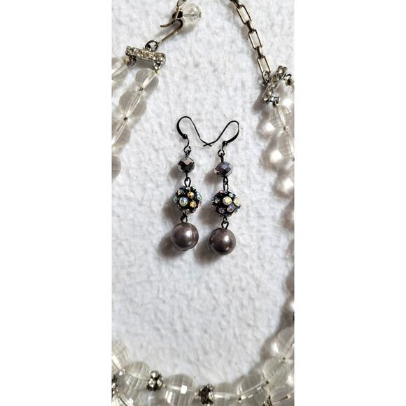 Vtg Clear Faceted Beaded 2 Strand 16-18" Necklace Hook Clasp Pierced Earrings - Picture 2 of 5